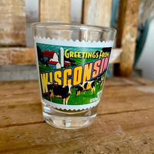 Greetings From Wisconsin Cow Stamp Shot Glass NEW